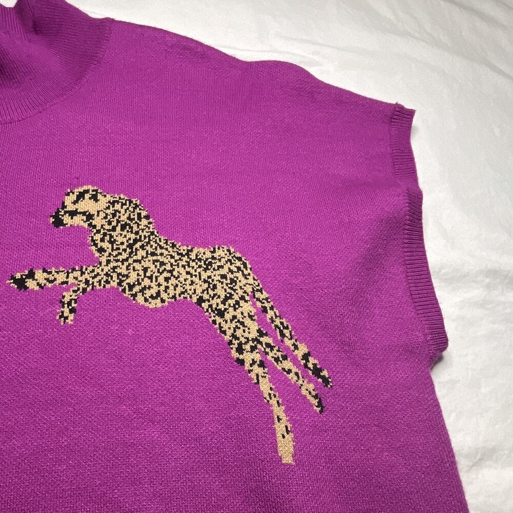 entro Purple Knit Mock Neck Animal Print Short Sleeve Pullover Sweater L - Picture 4 of 8